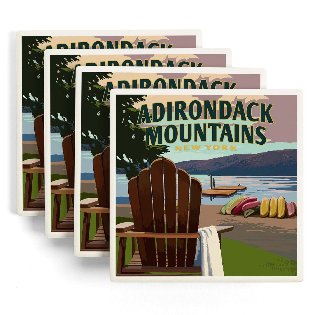 Adirondack Mountains, New York, Adirondack Chair & Lake, Lantern Press Artwork, Coaster Set Coasters Lantern Press 