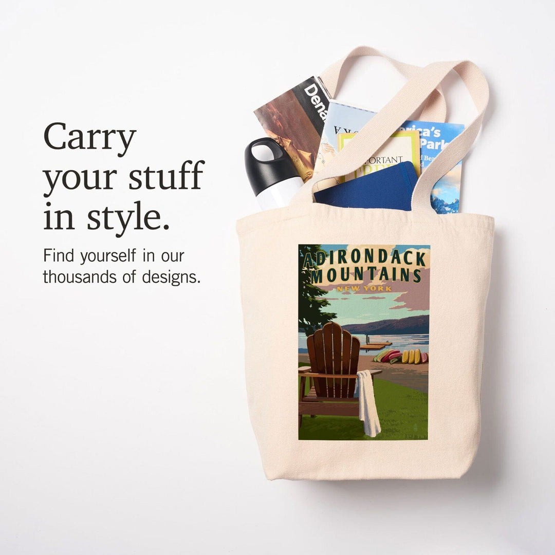 Adirondack Mountains, New York, Adirondack Chair & Lake, Lantern Press Artwork, Tote Bag Totes Lantern Press 