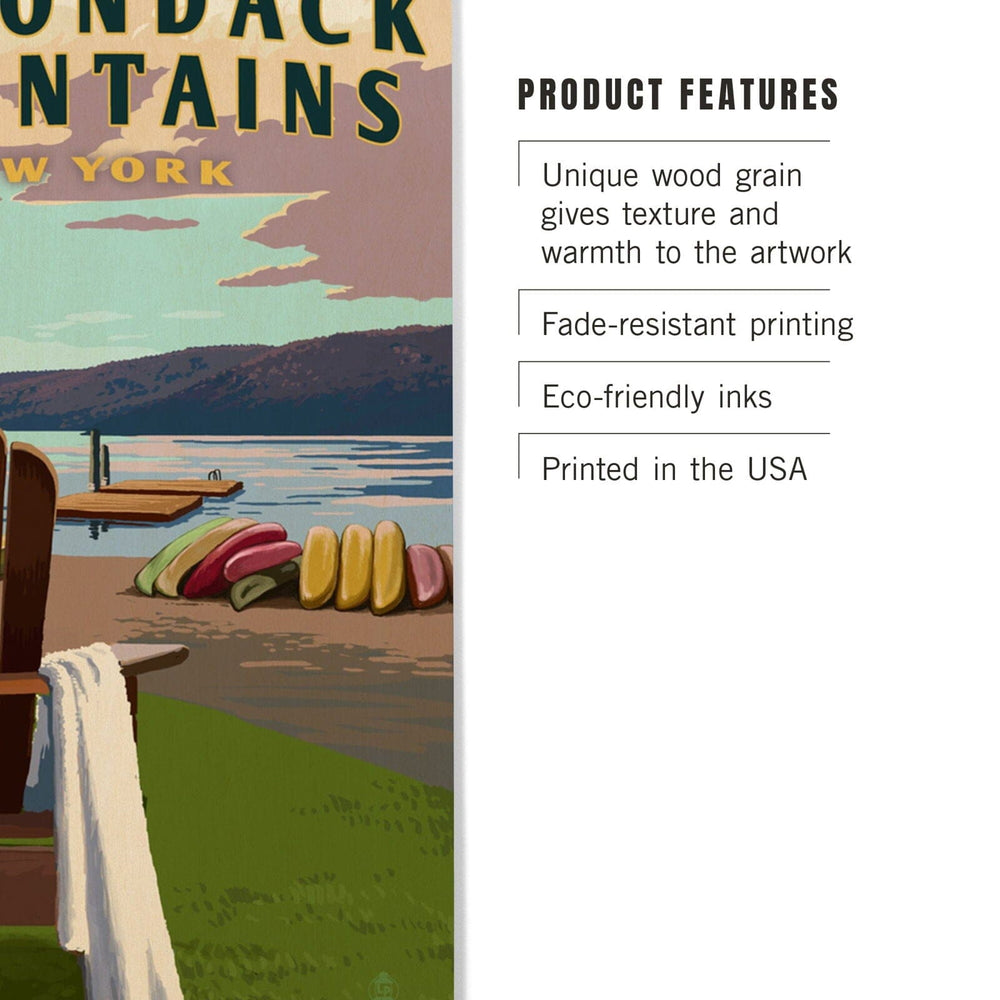 Adirondack Mountains, New York, Adirondack Chair & Lake, Lantern Press Artwork, Wood Signs and Postcards Wood Lantern Press 