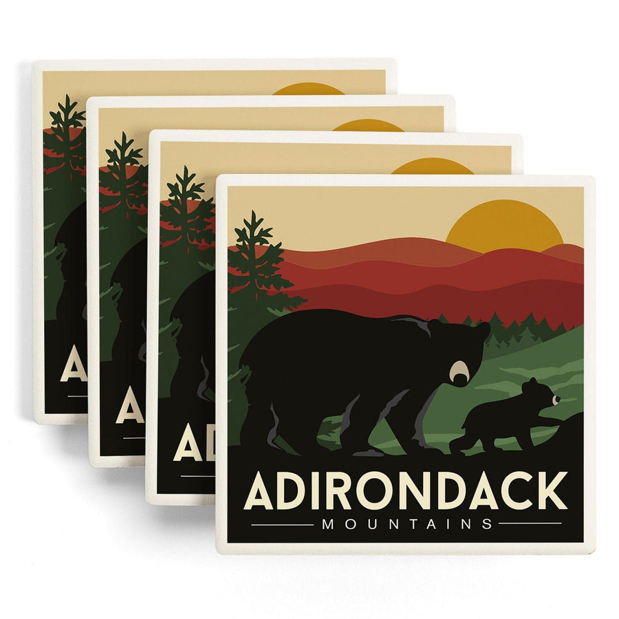 Adirondack Mountains, New York, Black Bear & Cub, Lantern Press Artwork, Coaster Set Coasters Lantern Press 