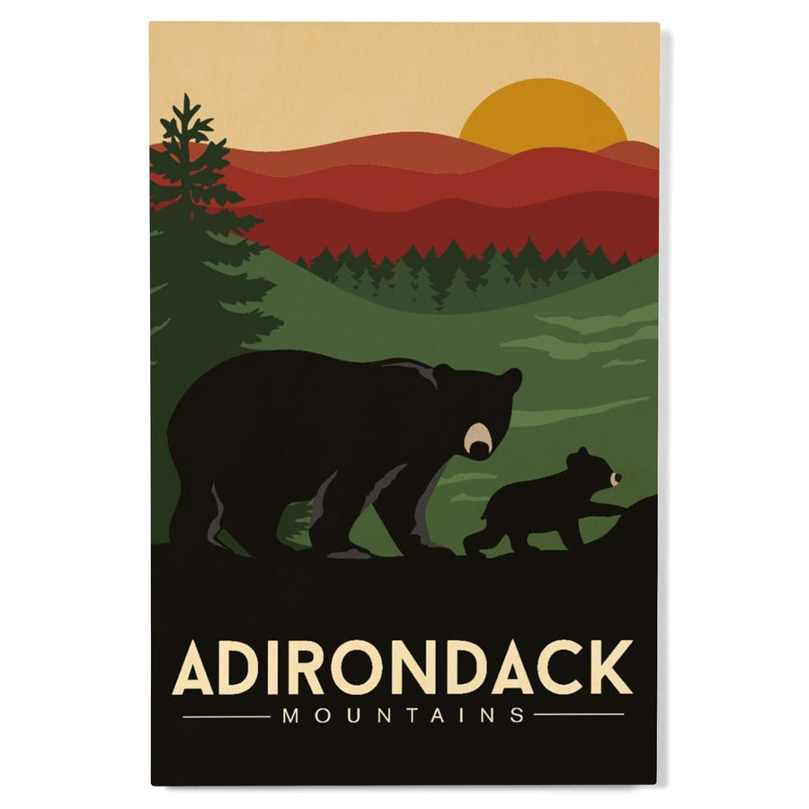 Adirondack Mountains, New York, Black Bear & Cub, Lantern Press Artwork, Wood Signs and Postcards Wood Lantern Press 