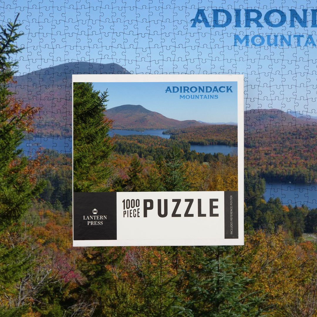 Adirondack Mountains, New York, Forrest and lake in Fall Autumn, Photography, Jigsaw Puzzle Puzzle Lantern Press 