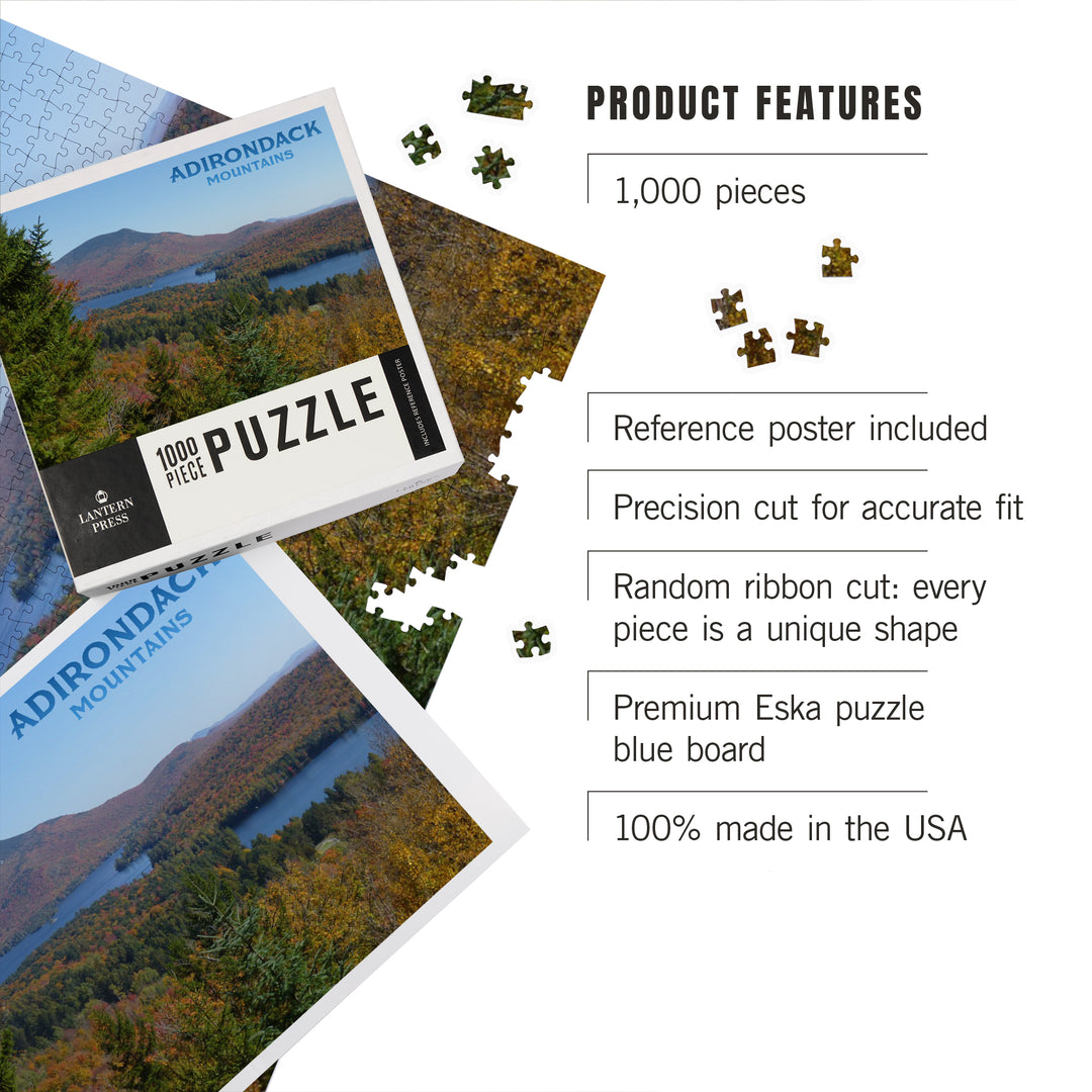 Adirondack Mountains, New York, Forrest and lake in Fall Autumn, Photography, Jigsaw Puzzle Puzzle Lantern Press 