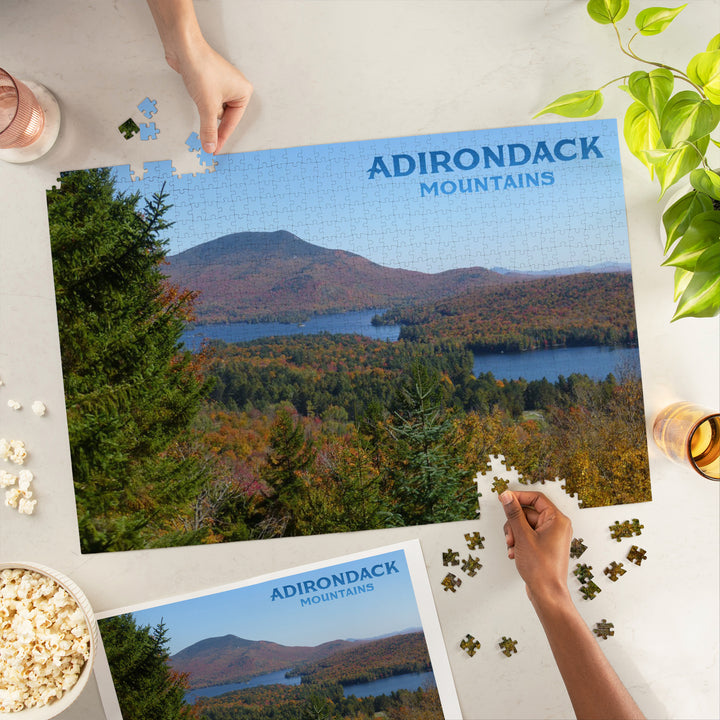 Adirondack Mountains, New York, Forrest and lake in Fall Autumn, Photography, Jigsaw Puzzle Puzzle Lantern Press 
