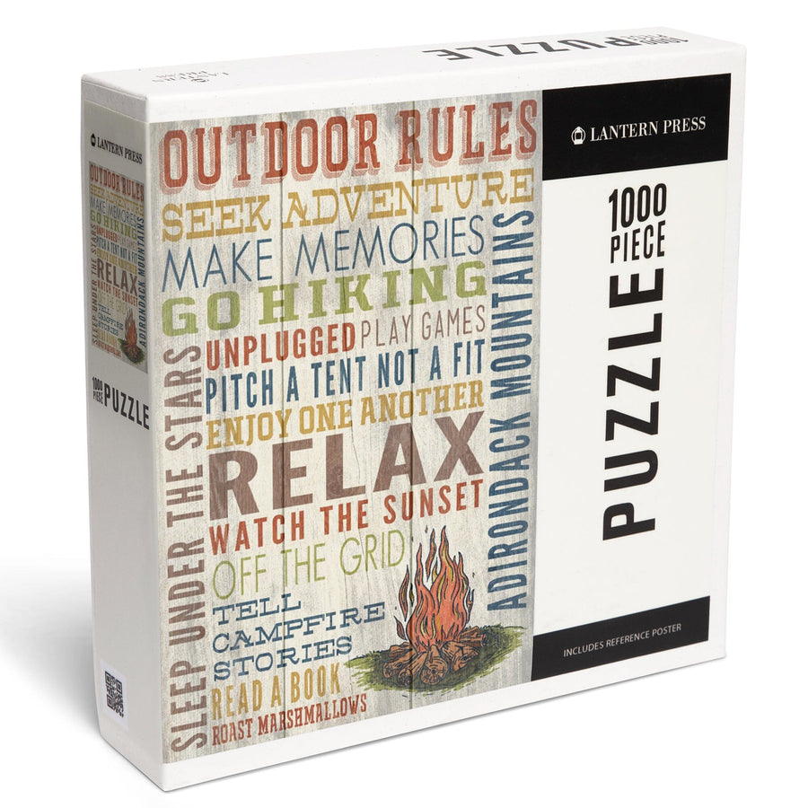 Adirondack Mountains, New York, Outdoor Rules, Rustic Typography, Jigsaw Puzzle Puzzle Lantern Press 