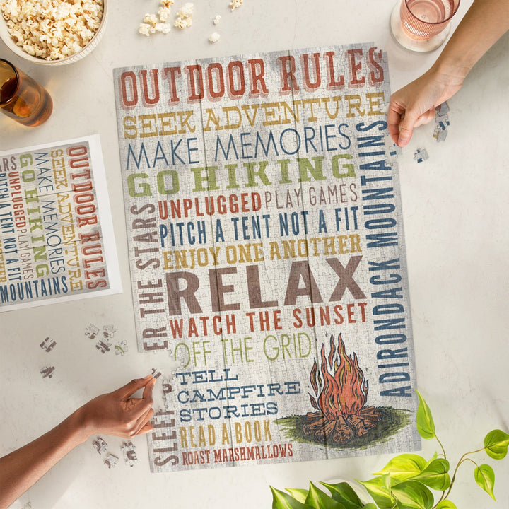 Adirondack Mountains, New York, Outdoor Rules, Rustic Typography, Jigsaw Puzzle Puzzle Lantern Press 
