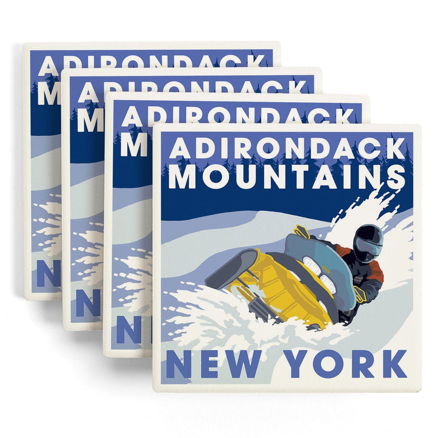 Adirondack Mountains, New York, Snowmobile Scene, Lantern Press Poster, Coaster Set Coasters Lantern Press 