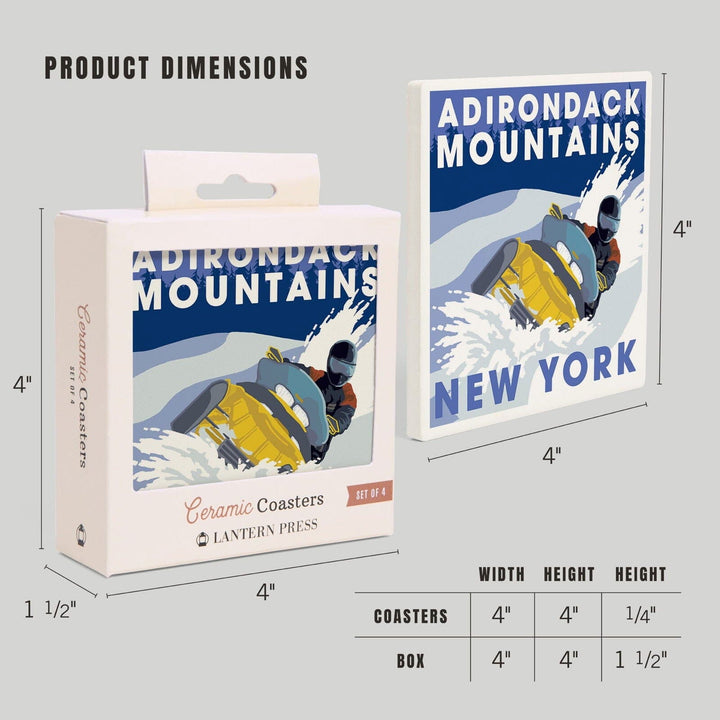 Adirondack Mountains, New York, Snowmobile Scene, Lantern Press Poster, Coaster Set Coasters Lantern Press 