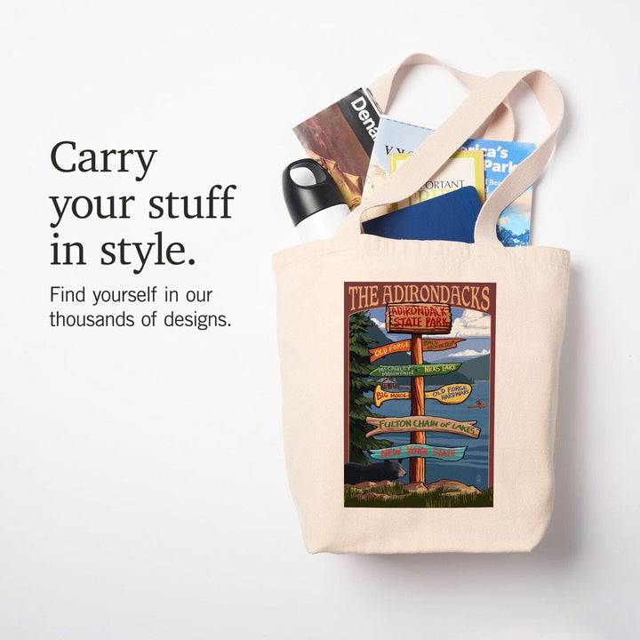 Adirondack Park, New York, The Adirondacks, Destinations Sign, Lantern Press Artwork, Tote Bag Totes Lantern Press 