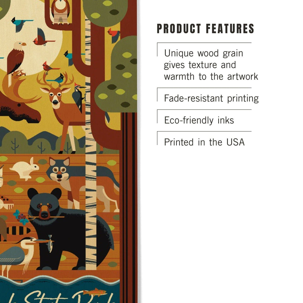 Adirondack State Park, New York, Forest Animals, Geometric, Lantern Press Artwork, Wood Signs and Postcards Wood Lantern Press 