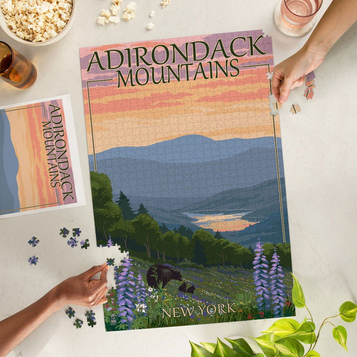 Adirondacks Mountains, New York State, Bears and Spring Flowers, Jigsaw Puzzle Puzzle Lantern Press 