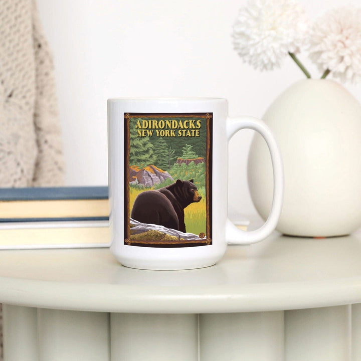 Adirondacks, New York, Black Bear in Forest, Lantern Press Artwork, Ceramic Mug Mugs Lantern Press 