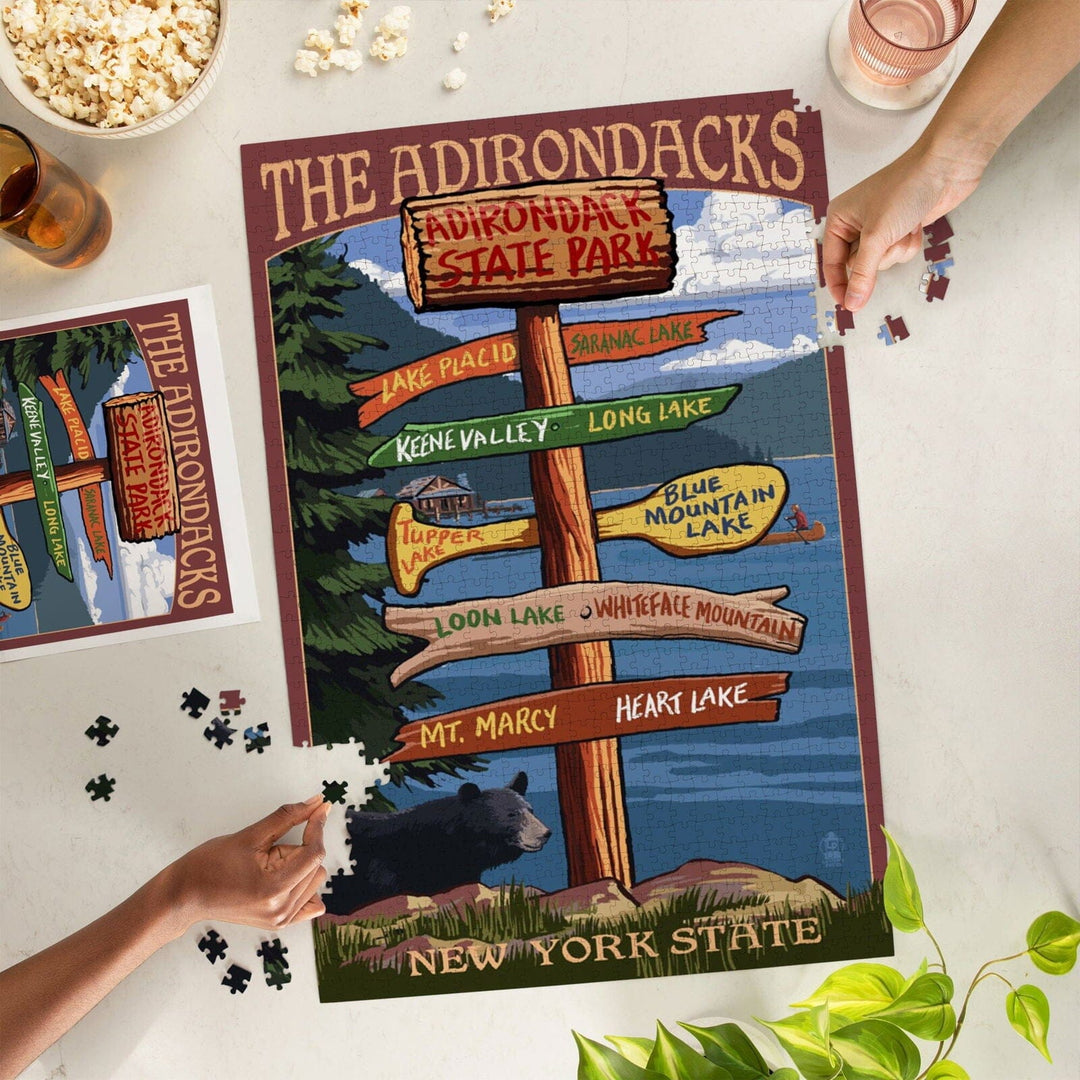 Adirondacks, New York, Destination Signpost, Jigsaw Puzzle Puzzle Lantern Press 