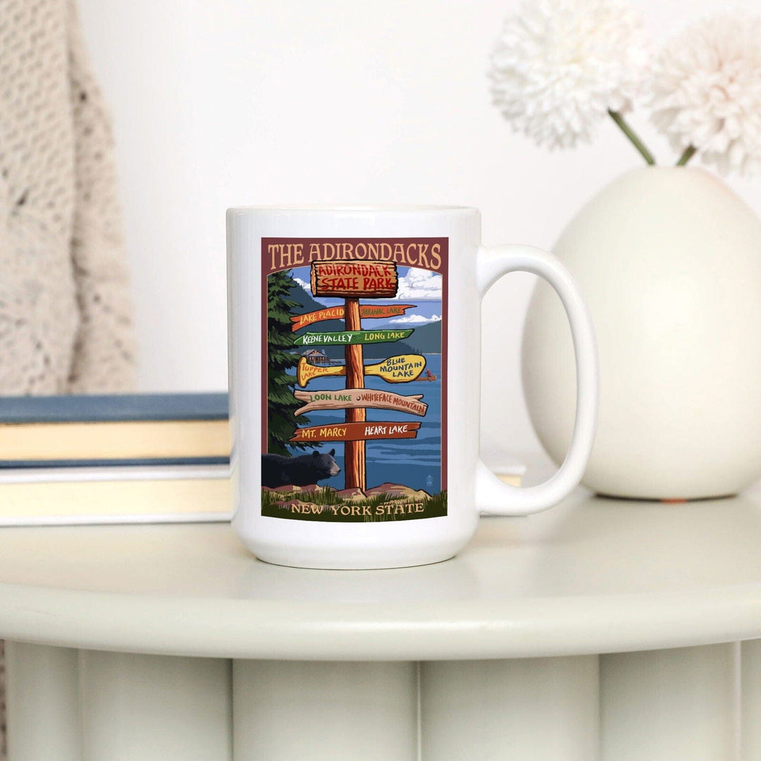 Adirondacks, New York, Destination Signpost, Lantern Press Artwork, Ceramic Mug Mugs Lantern Press 