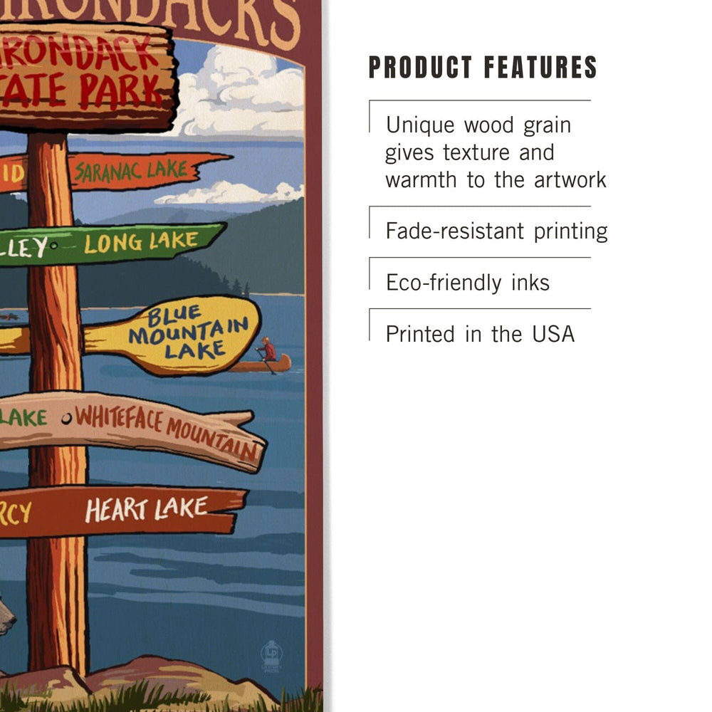 Adirondacks, New York, Destination Signpost, Lantern Press Artwork, Wood Signs and Postcards Wood Lantern Press 