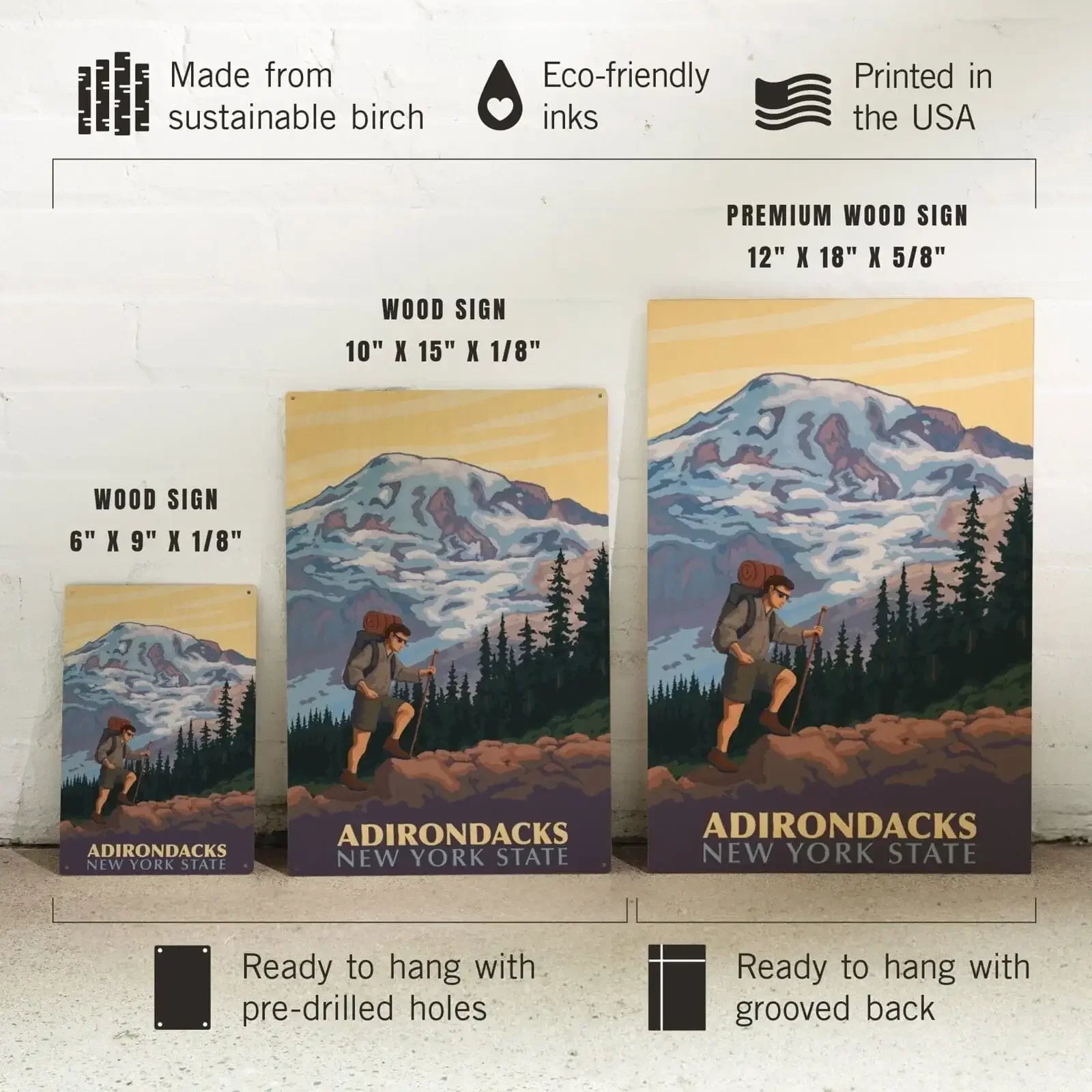 Adirondacks, New York, Hikers & Mountain, Lantern Press Artwork