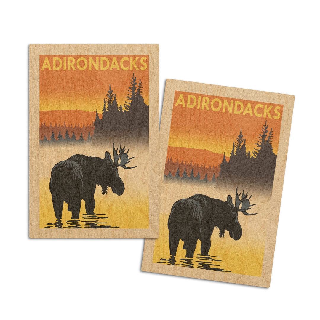 Adirondacks, New York, Moose at Dawn, Lantern Press Artwork, Wood Signs and Postcards Wood Lantern Press 4x6 Wood Postcard Set 