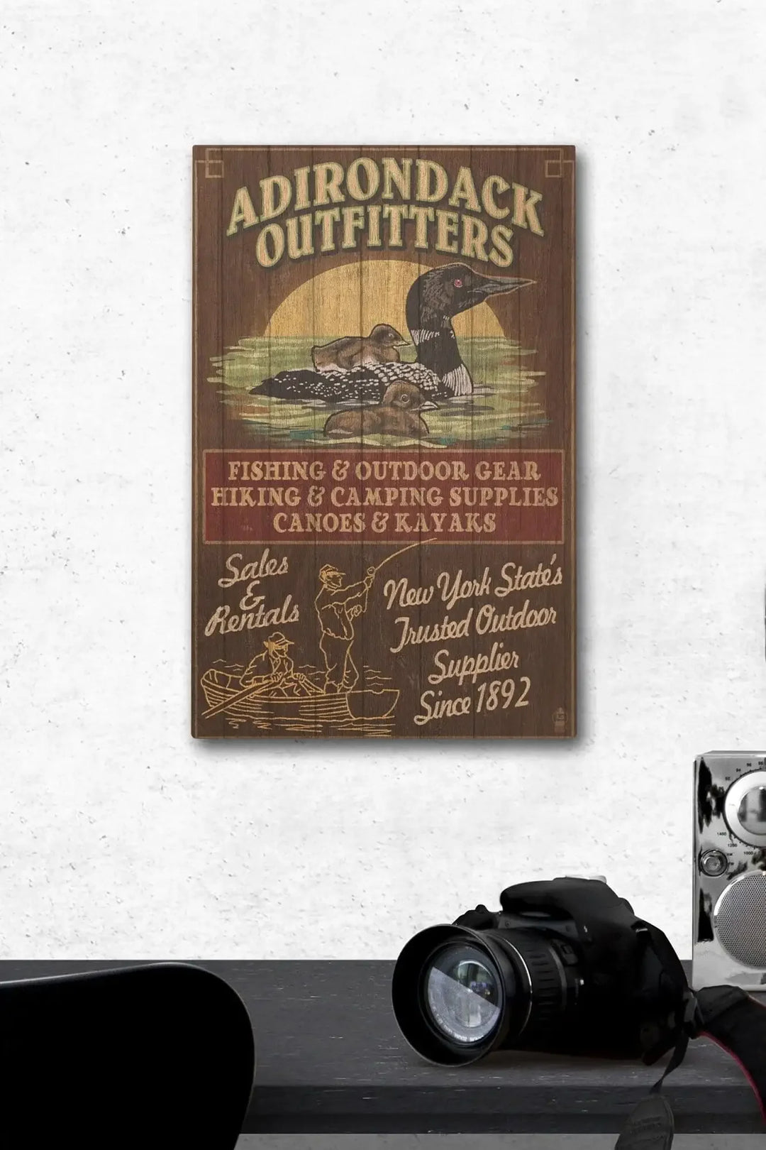 Adirondacks, New York State, Outfitters Vintage Sign Loon, Lantern Press Artwork, Wood Signs and Postcards Wood Lantern Press 12 x 18 Wood Gallery Print 