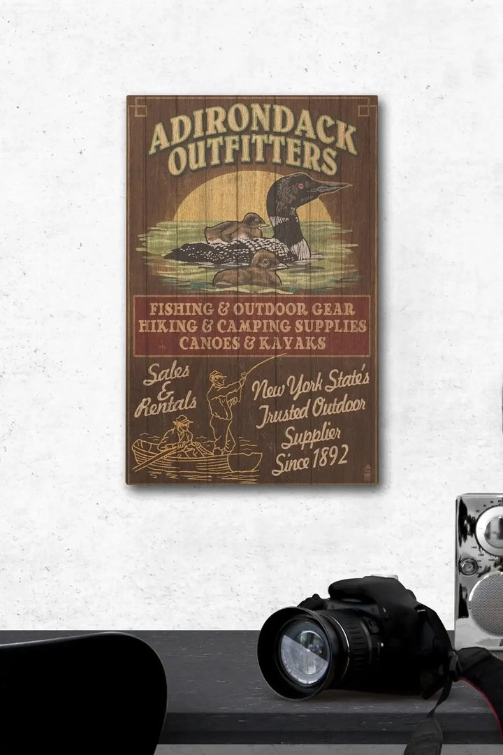 Adirondacks, New York State, Outfitters Vintage Sign Loon, Lantern Press Artwork, Wood Signs and Postcards Wood Lantern Press 12 x 18 Wood Gallery Print 