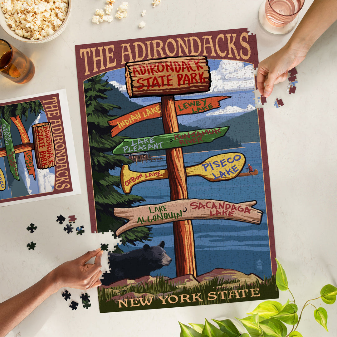 Adirondacks State Park, New York, Destination Signpost, Jigsaw Puzzle Puzzle Lantern Press 