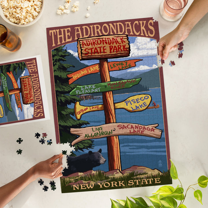 Adirondacks State Park, New York, Destination Signpost, Jigsaw Puzzle Puzzle Lantern Press 