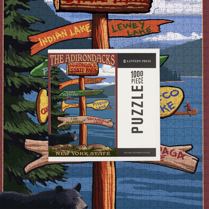 Adirondacks State Park, New York, Destination Signpost, Jigsaw Puzzle Puzzle Lantern Press 