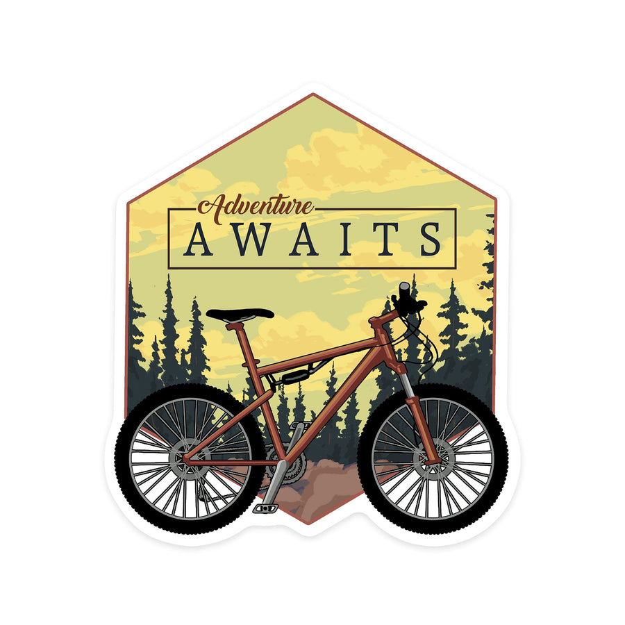 Adventure Awaits, Mountain Bike, Contour, Lantern Press Artwork, Vinyl Sticker Sticker Lantern Press 