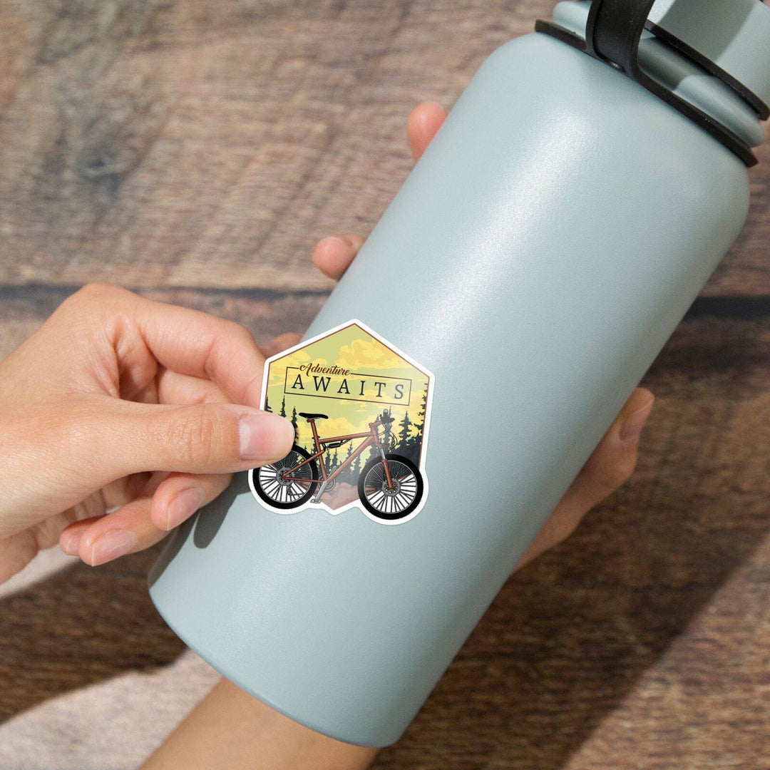 Adventure Awaits, Mountain Bike, Contour, Lantern Press Artwork, Vinyl Sticker Sticker Lantern Press 