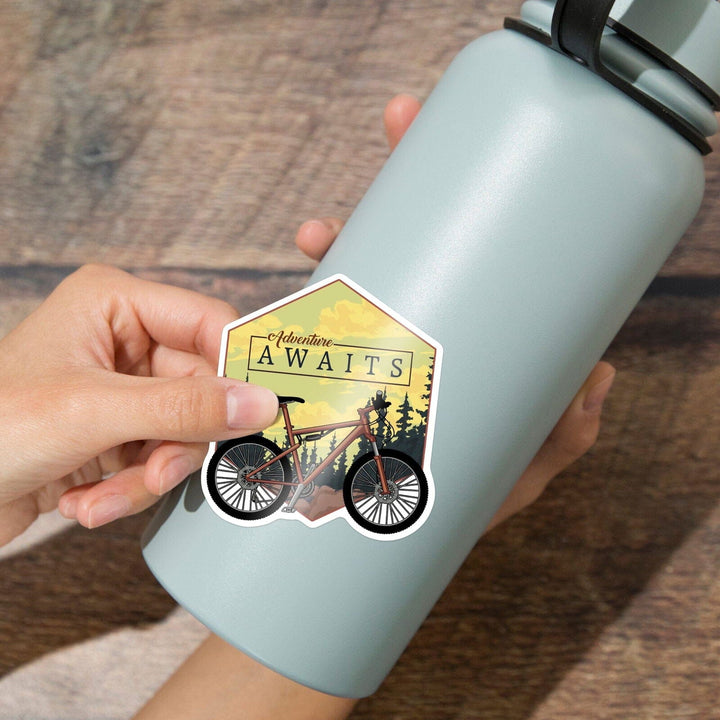 Adventure Awaits, Mountain Bike, Contour, Lantern Press Artwork, Vinyl Sticker Sticker Lantern Press 