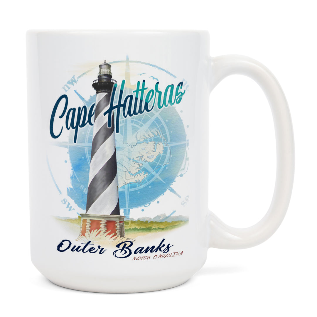 Outer Banks, North Carolina, Cape Hatteras Lighthouse, Contour, Lantern Press Artwork, Ceramic Mug