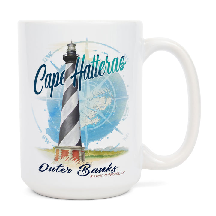 Outer Banks, North Carolina, Cape Hatteras Lighthouse, Contour, Lantern Press Artwork, Ceramic Mug