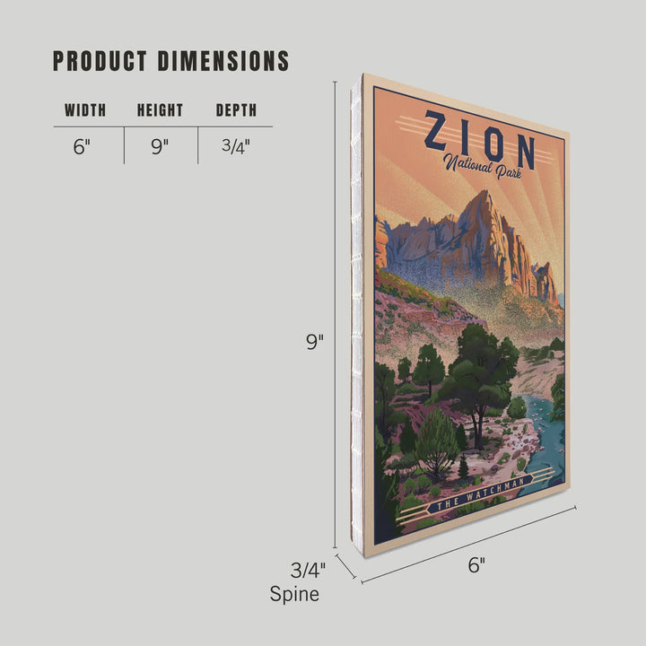 Lined 6x9 Journal, Zion National Park, Utah, The Watchman, Lithograph National Park Series, Lay Flat, 193 Pages, FSC paper