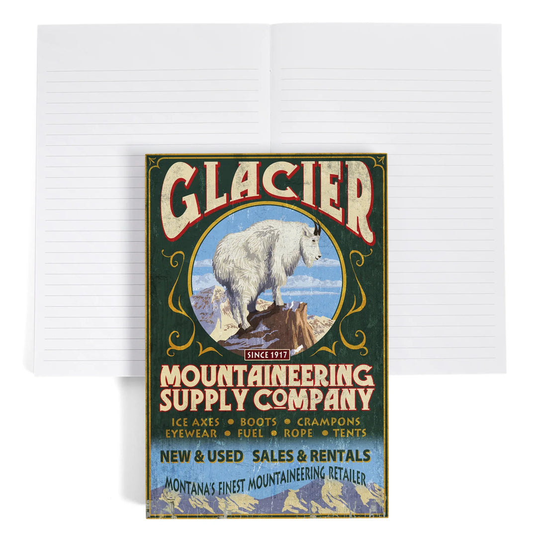 Lined 6x9 Journal, Glacier National Park, Montana, Mountain Goat Vintage Sign, Lay Flat, 193 Pages, FSC paper