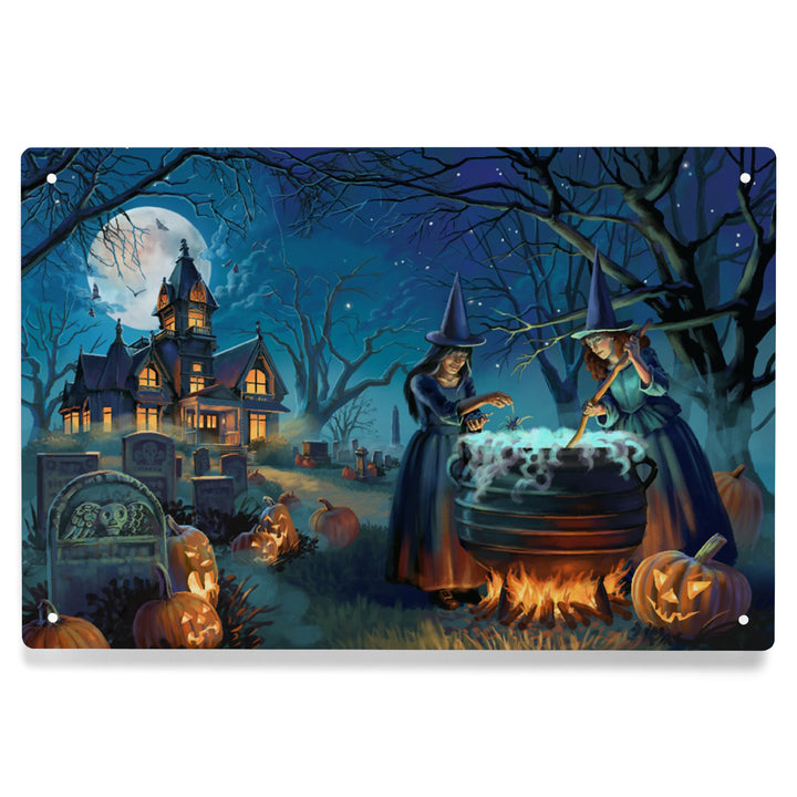 Oil Painting, Cemetery Witch's Brew, 12x18 Metal Sign