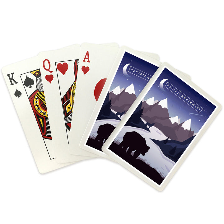 Playing Cards, Pacific Northwest, Bear and Mountain Silhouette, Night, Purple, 52 Card Deck with Jokers in Box, Unique Art