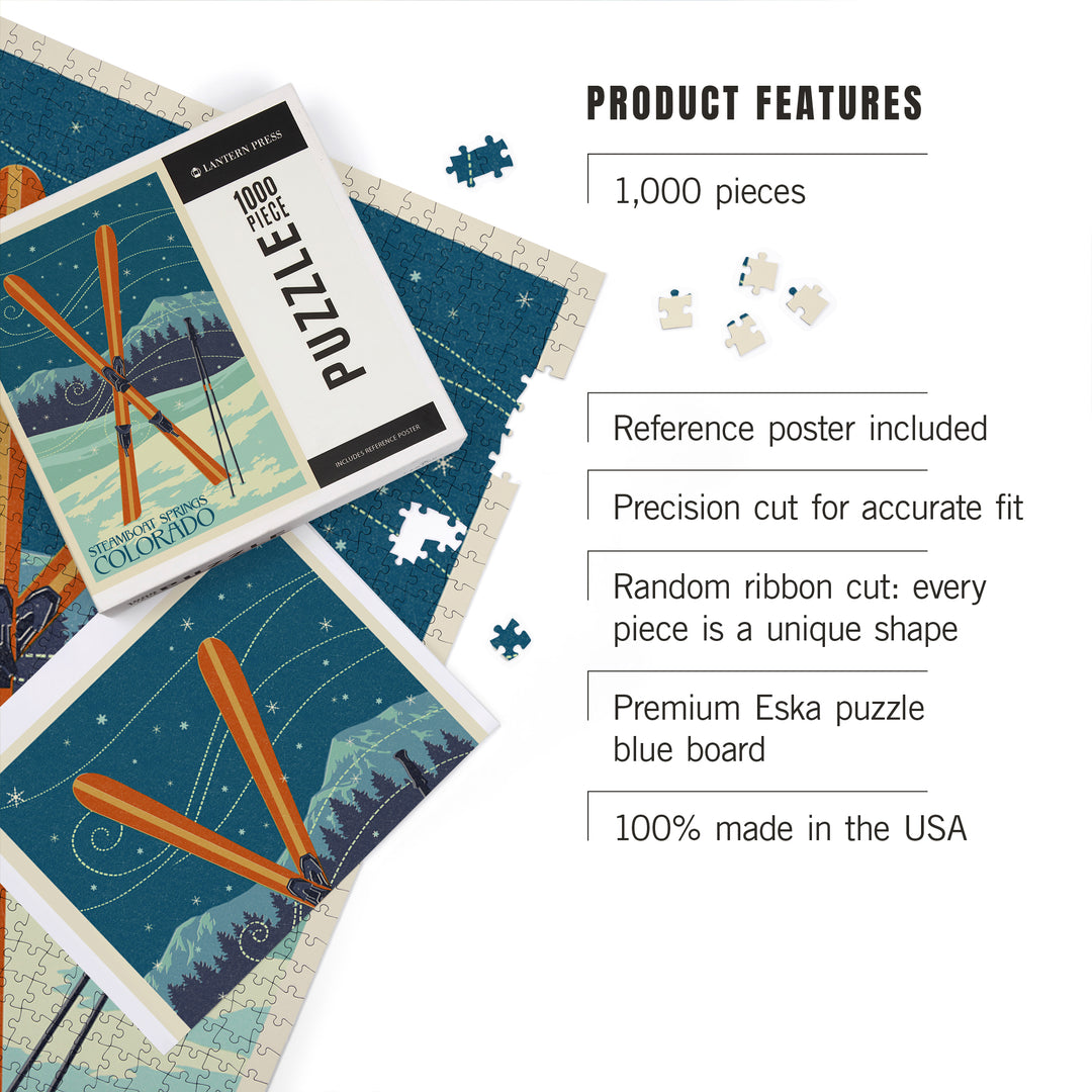 Steamboat Springs, Colorado, Crossed Skis, Letterpress, Jigsaw Puzzle