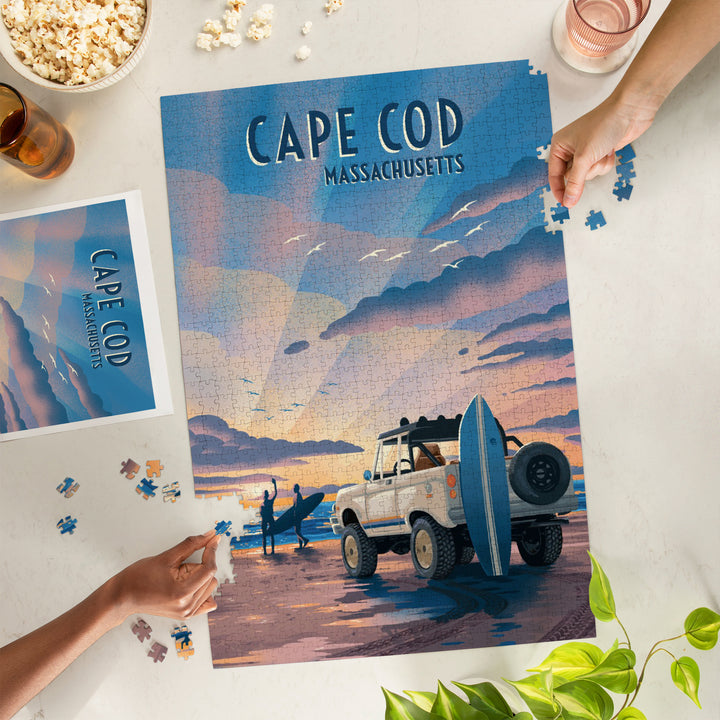 Cape Cod, Massachusetts, Lithograph, Surfers on Beach, Jigsaw Puzzle