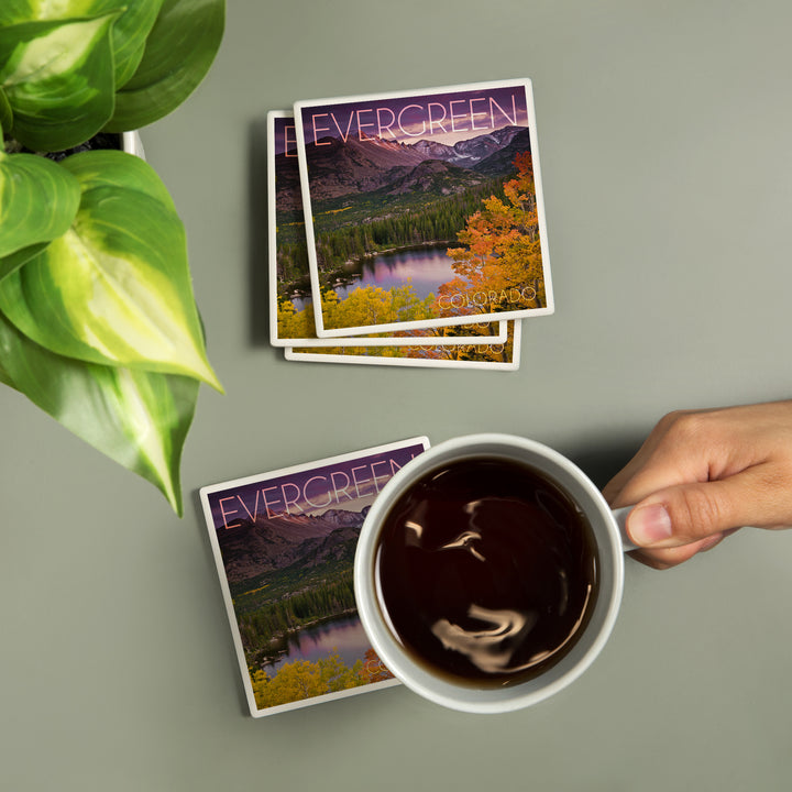 Evergreen, Colorado, Rocky Mountain National Park, Purple Sunset and Lake, Photography, Coasters
