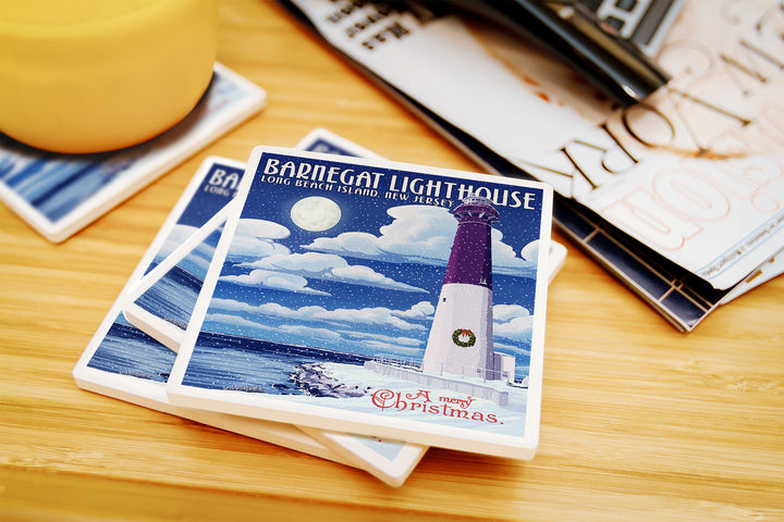 Long Beach Island, New Jersey, Barnegat Lighthouse Christmas Scene, Coaster Set
