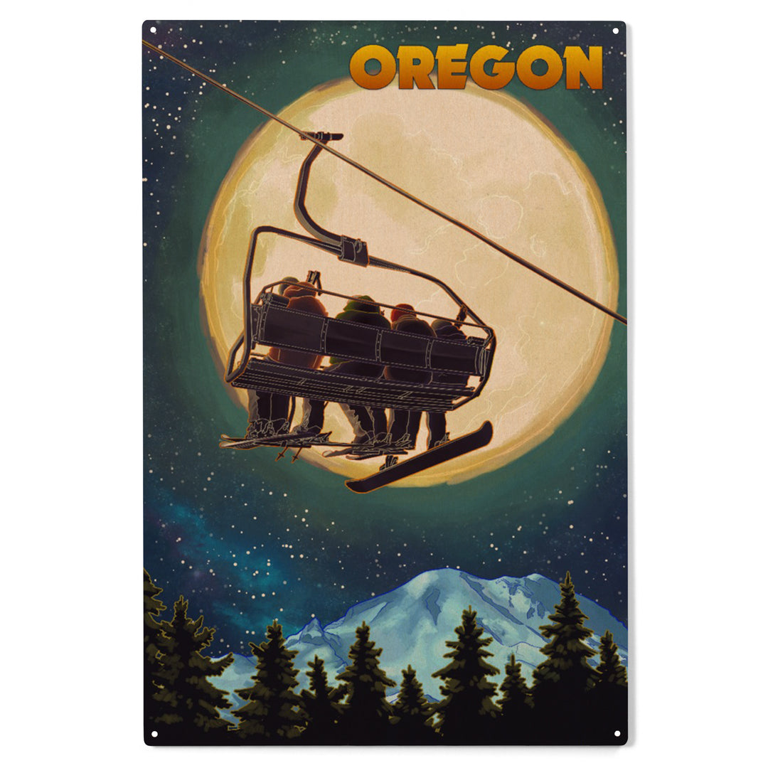 Oregon, Ski Lift and Full Moon Snowboarder, Wood Sign and Postcards