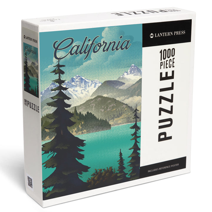 California, Lithograph, Lake and Mountains Scene, 1000 Piece Jigsaw Puzzle