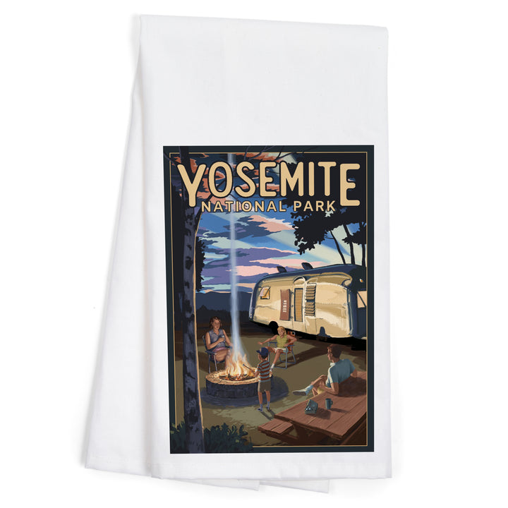 Yosemite National Park, California, Retro Camper and Mountains, Organic Cotton Kitchen Tea Towels