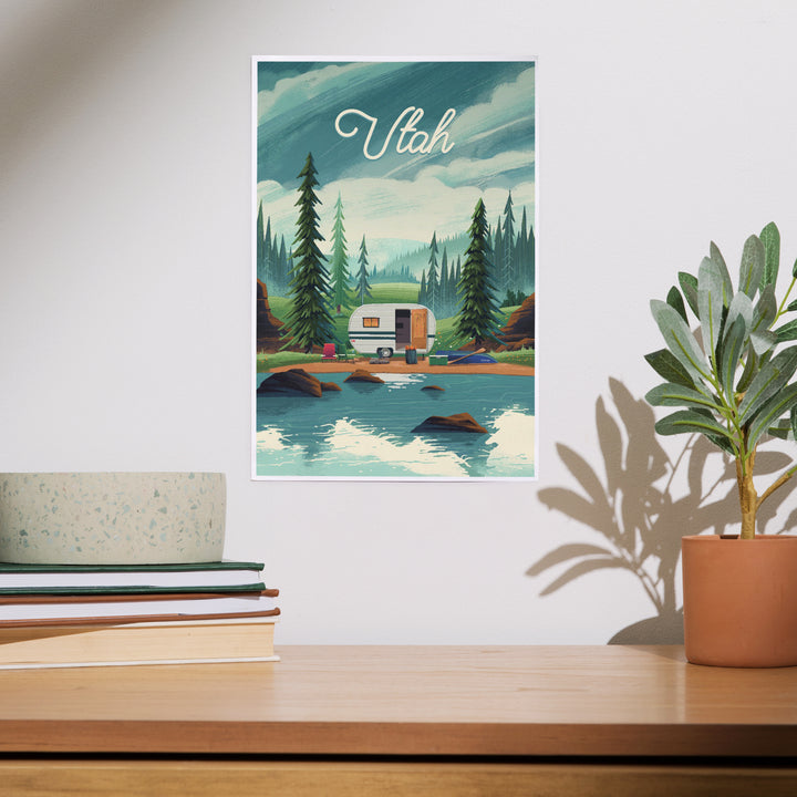 Utah, Outdoor Activity, At Home Anywhere, Camper in Evergreens, Art & Giclee Prints