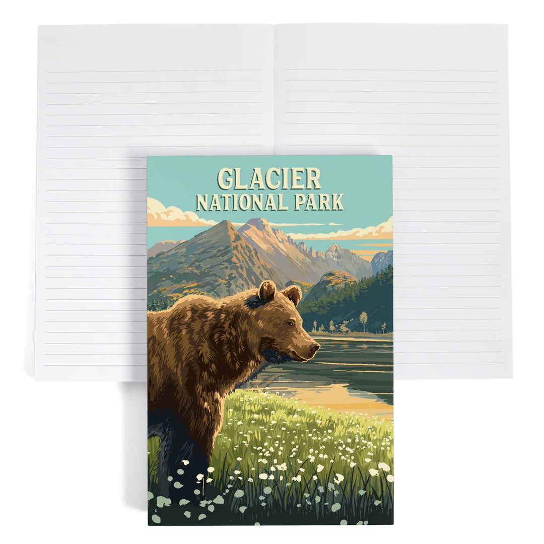 Lined 6x9 Journal, Glacier National Park, Montana, Painterly, Bear, Lay Flat, 193 Pages, FSC paper