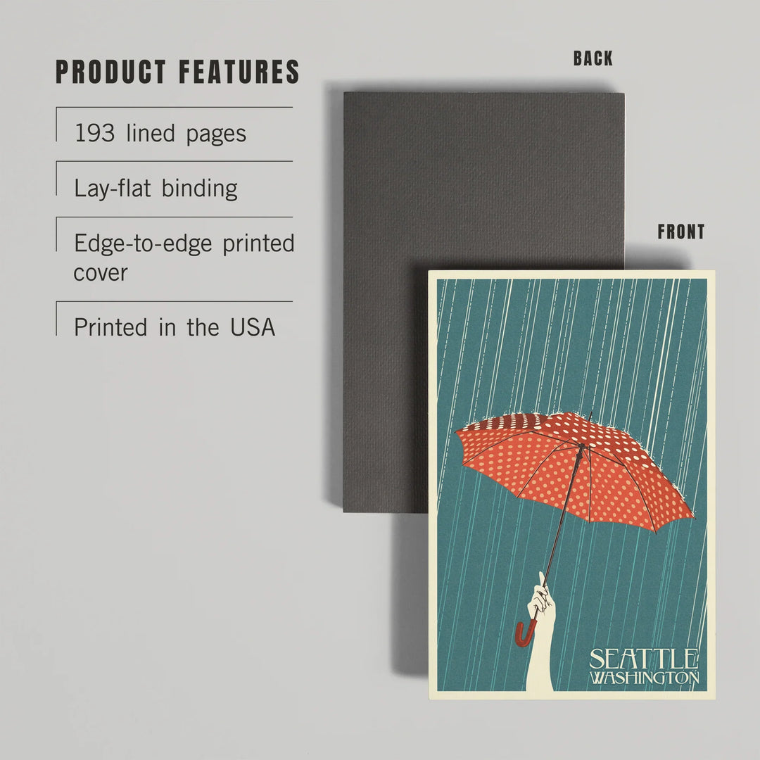 Lined 6x9 Journal, Seattle, Washington, Umbrella Letterpress, Lay Flat, 193 Pages, FSC paper