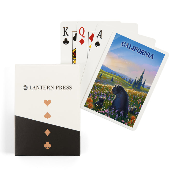 Playing Cards, California, Lithograph, Bear Family in Field, 52 Card Deck with Jokers in Box, Unique Art