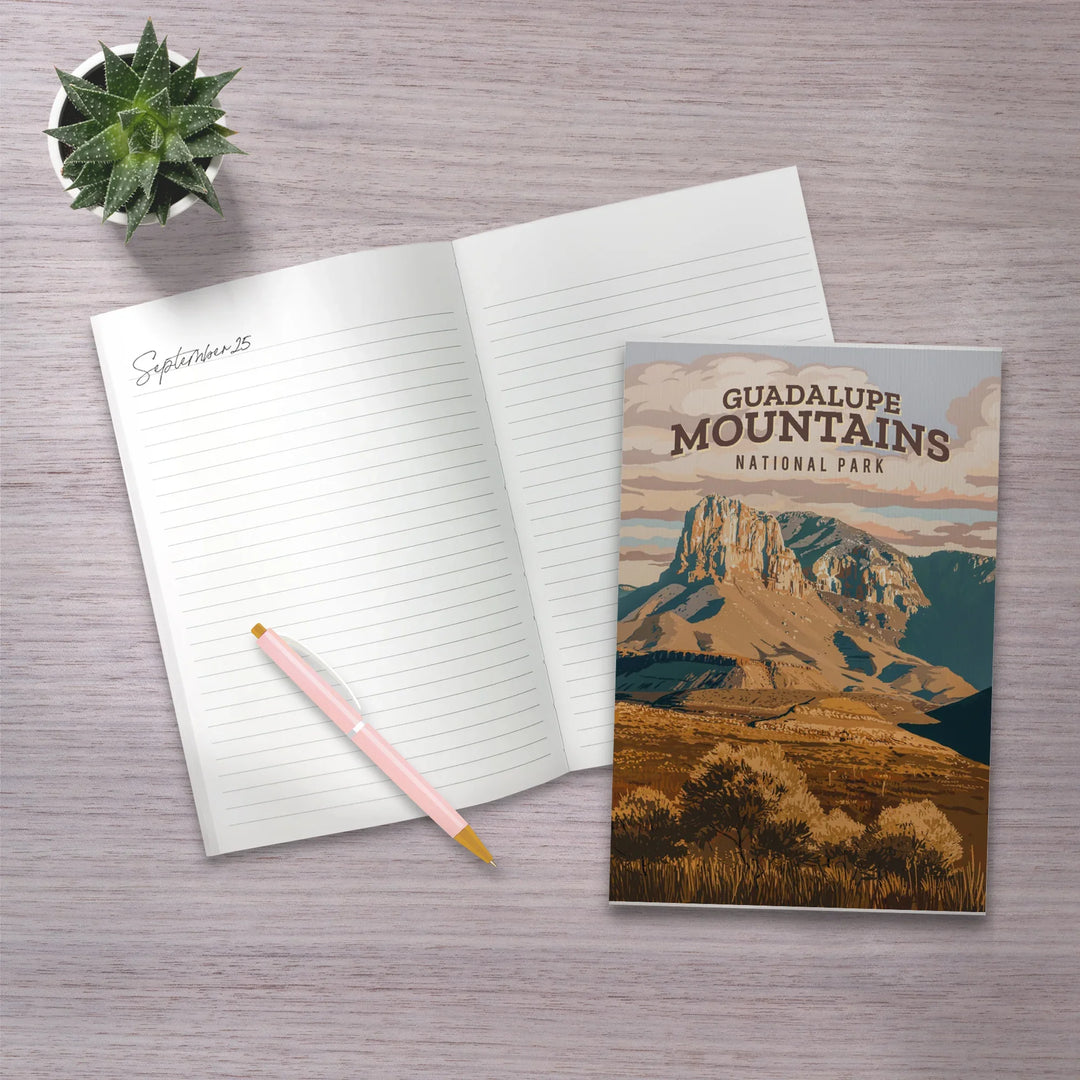 Lined 6x9 Journal, Guadalupe Mountains National Park, Texas, Painterly National Park Series, Lay Flat, 193 Pages, FSC paper