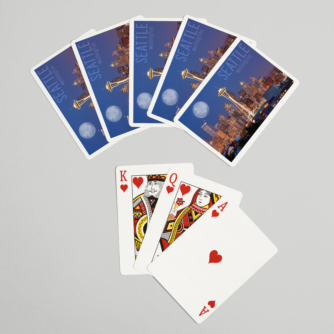 Playing Cards, Seattle, Washington, Skyline and Full Moon, 52 Card Deck with Jokers in Box, Unique Art