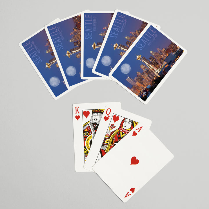 Playing Cards, Seattle, Washington, Skyline and Full Moon, 52 Card Deck with Jokers in Box, Unique Art