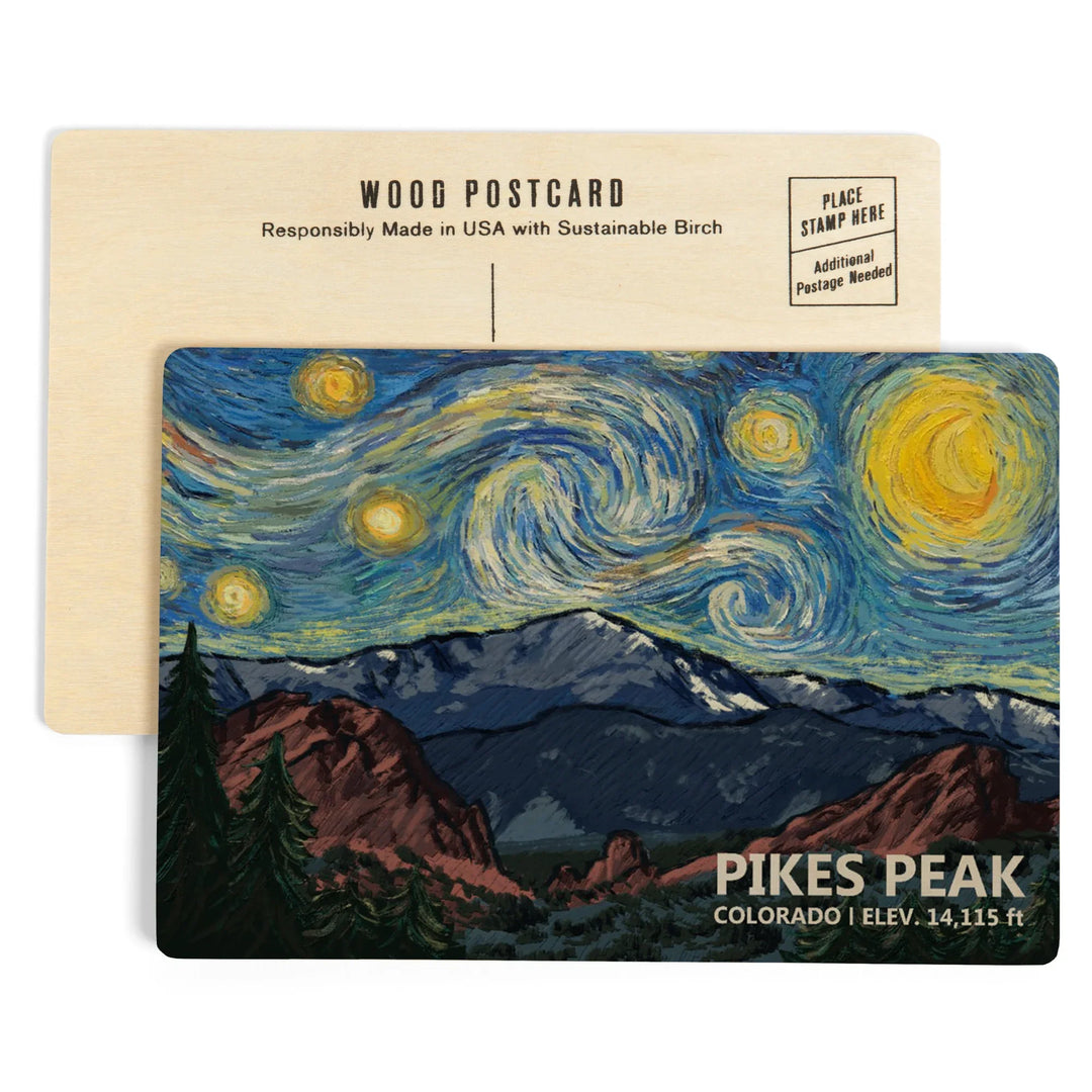 Pikes Peak, Colorado, Van Gogh Starry Night, Wood Sign and Postcards